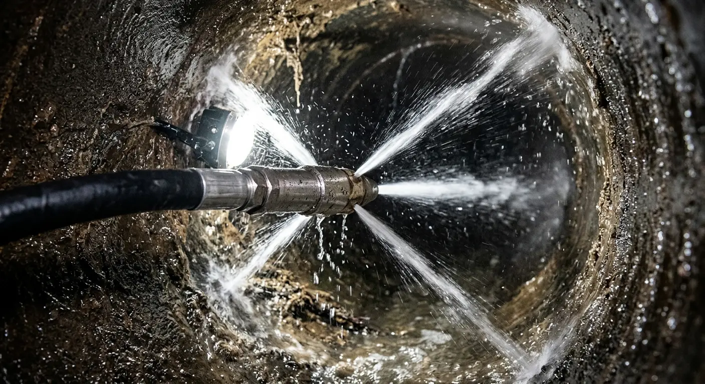 High-pressure hydro jetting nozzle cleaning sewer pipe for Emergency Drain Service in Hinsdale