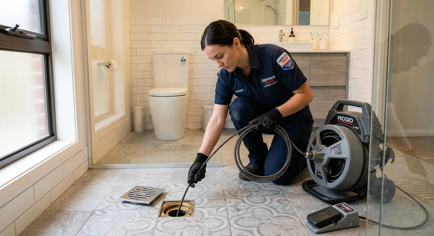 Technician clearing a bathroom floor drain for Hydro Jetting in Hinsdale